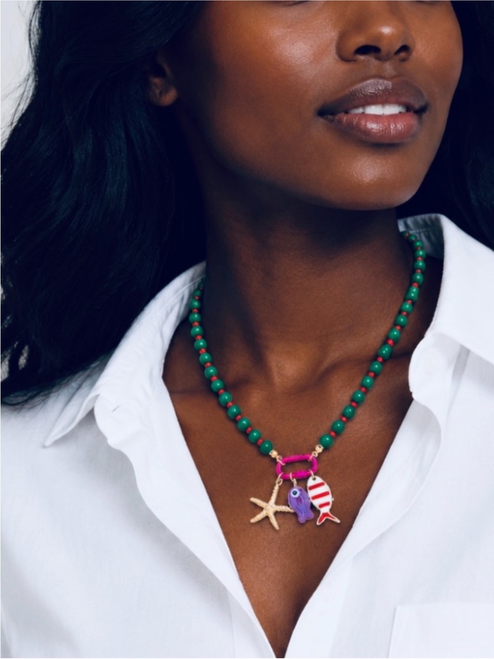 New! Coastal Beaded Fish Starfish Carabiner Necklace NWOT 5011